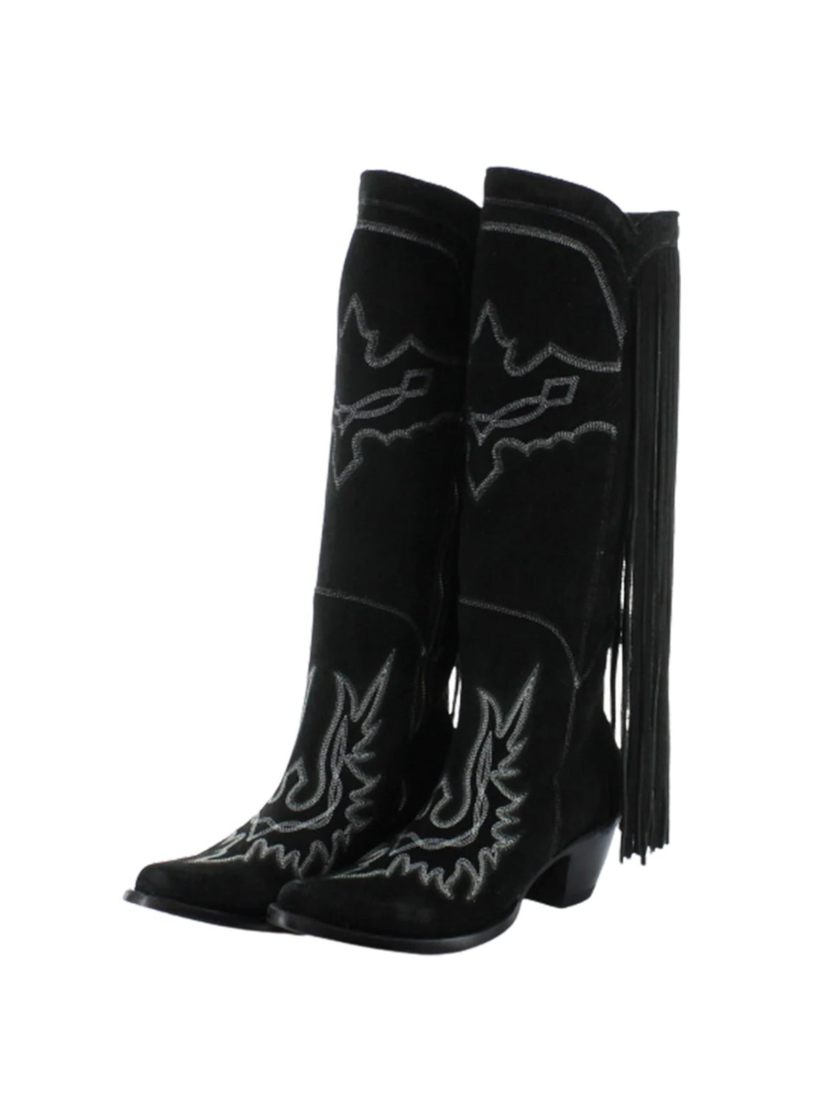 Almond-Toe Faux Suede Fringe Full-Zip Embroidery Knee High Cowgirl Boots - Black
