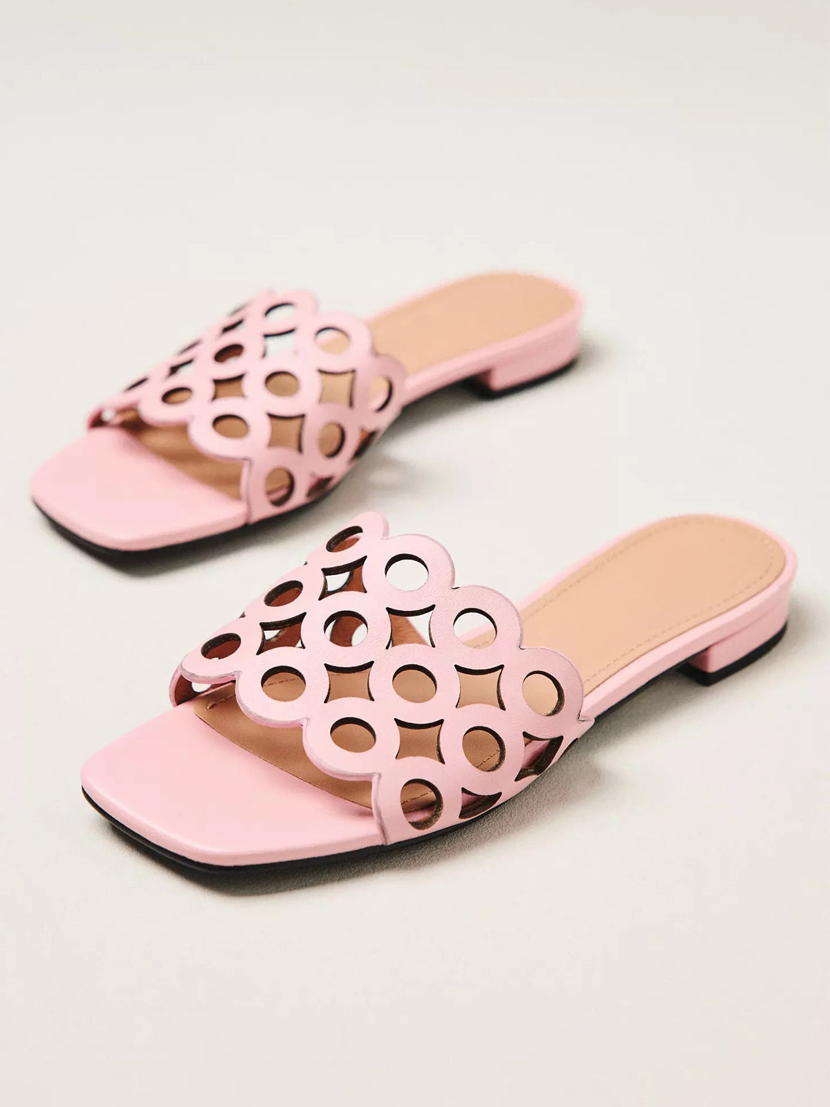 Pink Square-Toe Cutout Slide Backless Sandals Flats