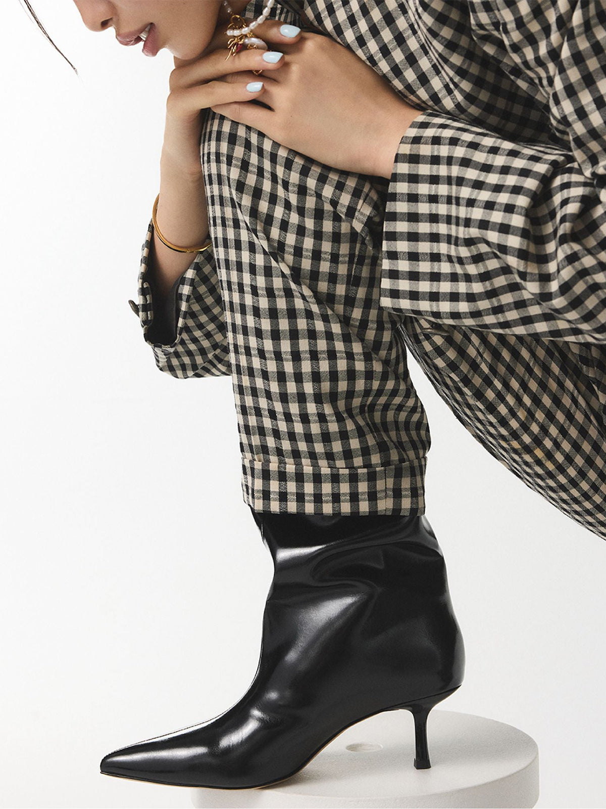 Patent Black Pointed-Toe Sleek Wide Calf Knee High Stiletto Boots