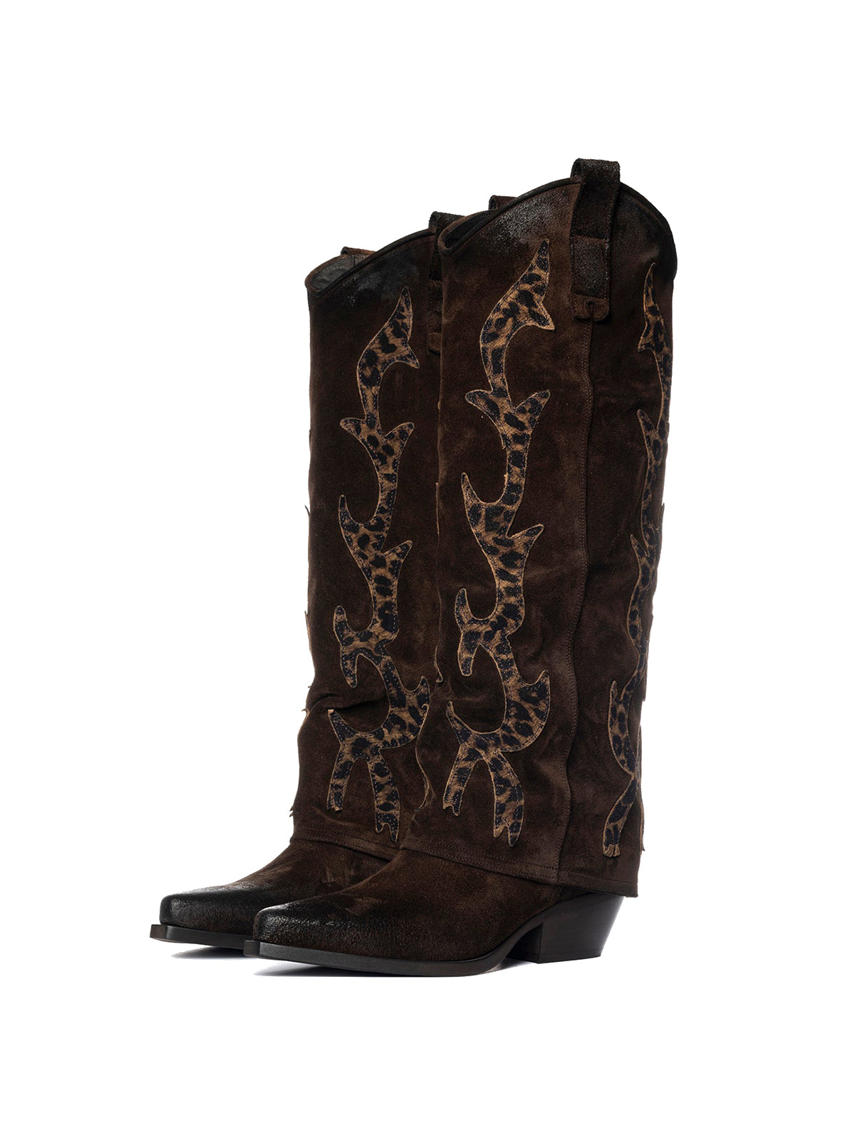 Dark Brown Faux Suede Snip-Toe Leopard Applique Fold-Over Knee High Cowgirl Boots