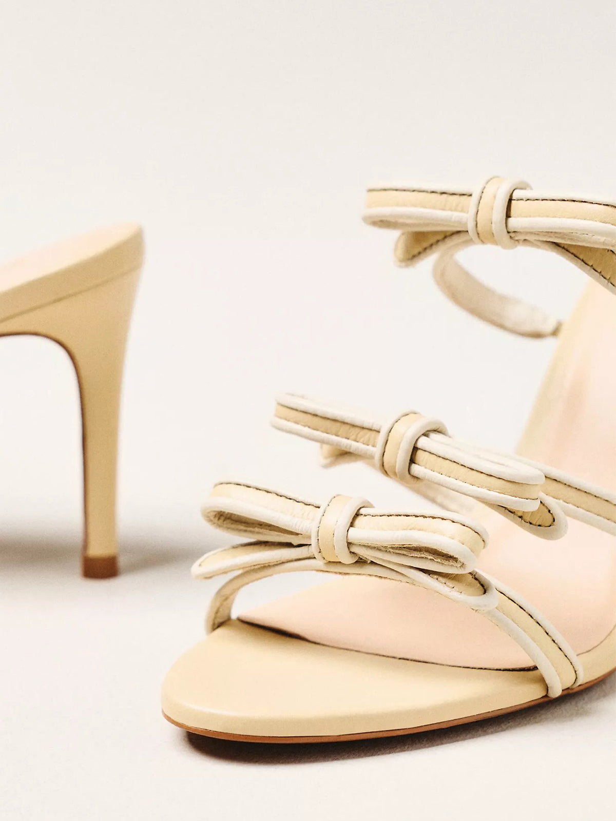 Nude Peep Round-Toe Triple-Bow Backless High Heels