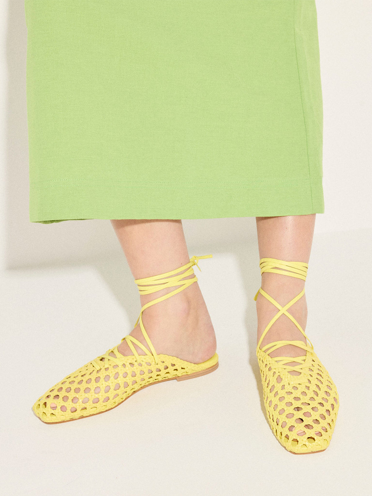 Woven Vegan Leather Square-Toe Ankle Lace-Up Backless Flats - Yellow