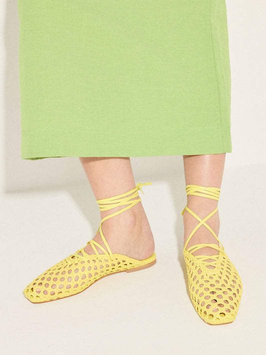 Woven Vegan Leather Square-Toe Ankle Lace-Up Backless Flats - Yellow