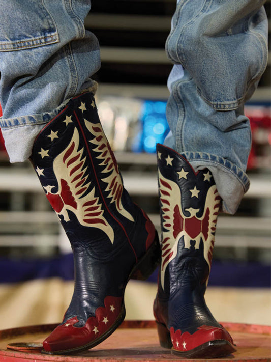 Navy Snip-Toe Ivory Eagle And Star Inlay Chic Mid Calf Cowgirl Boots