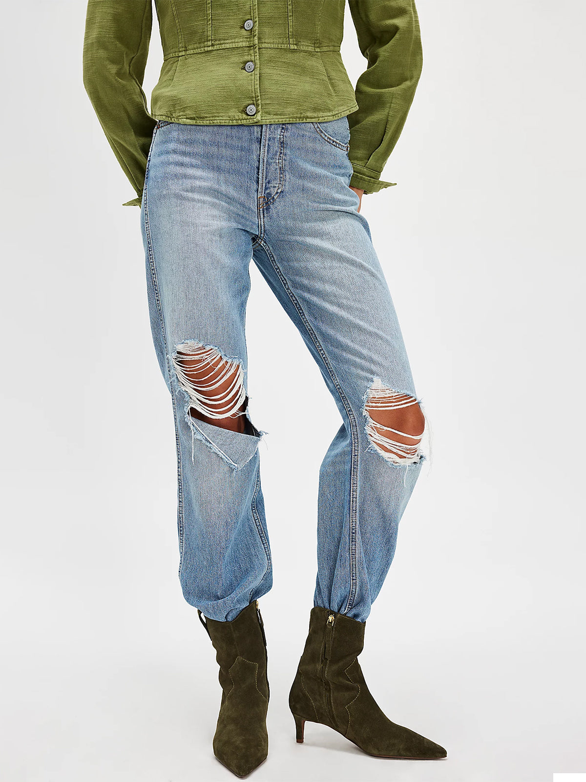 Olive Green Faux Suede Pointed-Toe Full-Zip Ankle Stiletto Boots