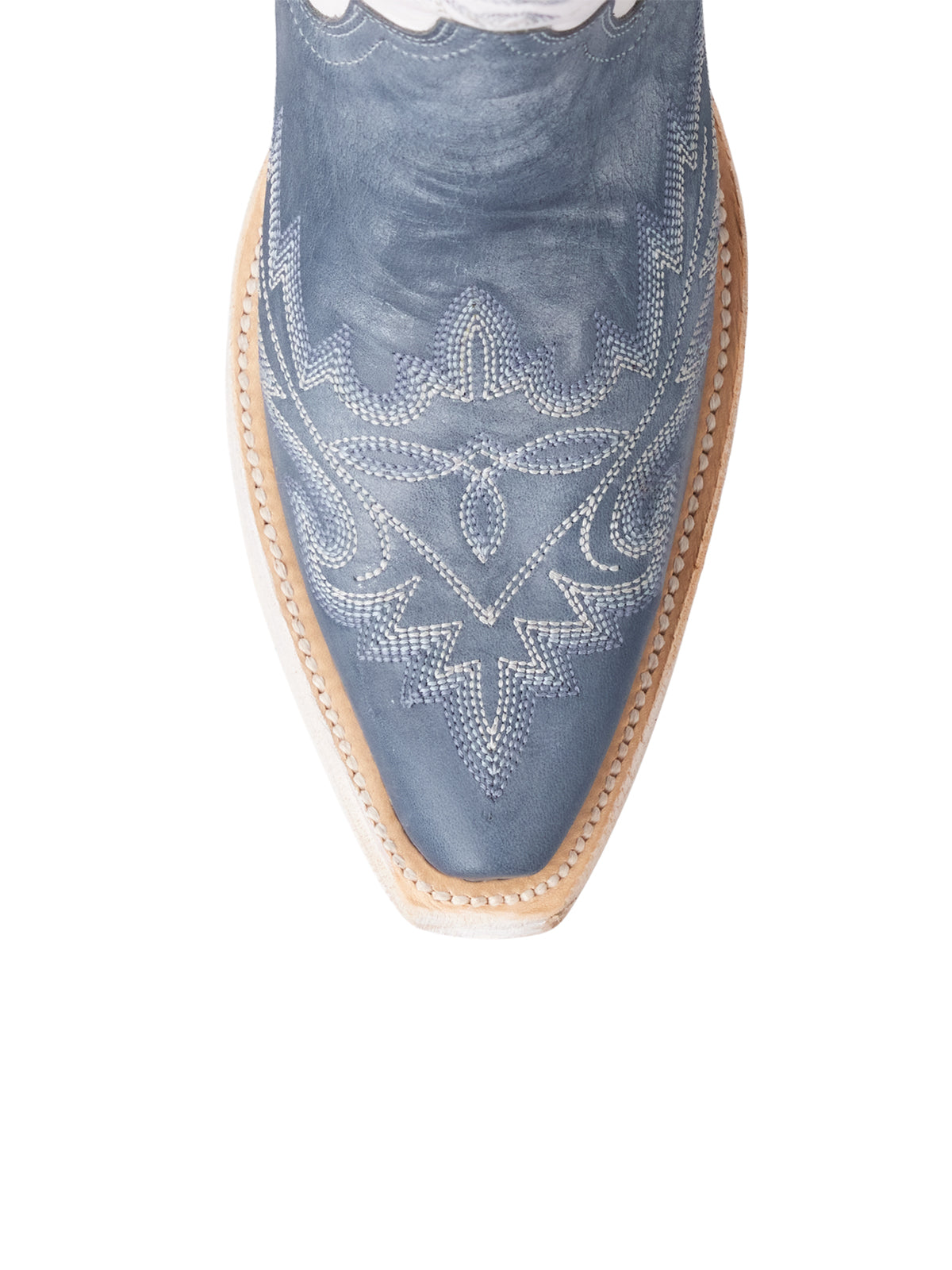 Contrast White And Dusty Blue Snip-Toe Chic Embroidery Mid Calf Cowgirl Boots
