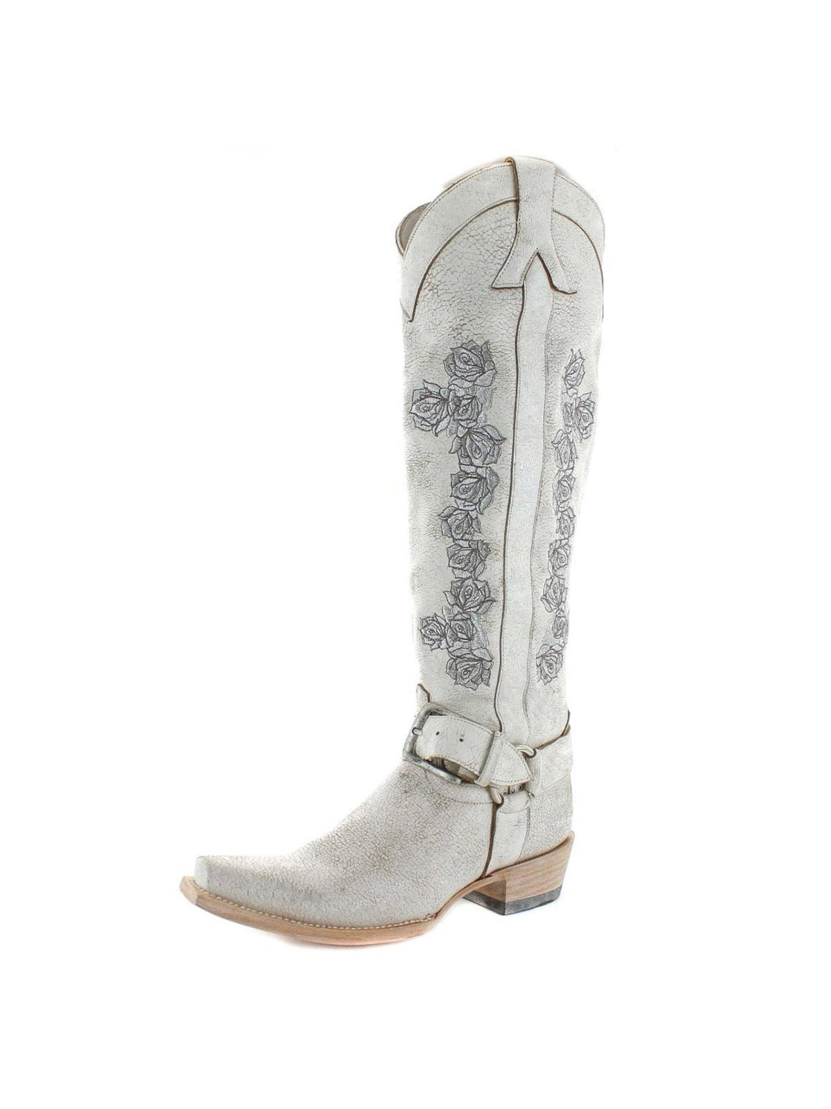 Distressed Taupe Snip-Toe Rose Embroidery Buckle Strap Half-Zip Knee High Cowgirl Boots