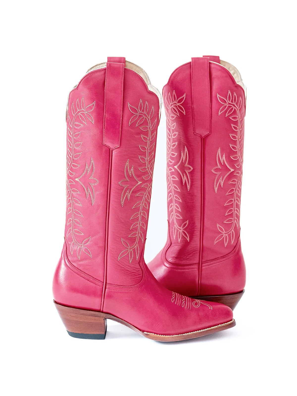 Leaves Embroidery Almond-Toe Wide Knee High Cowgirl Boots - Rose Red