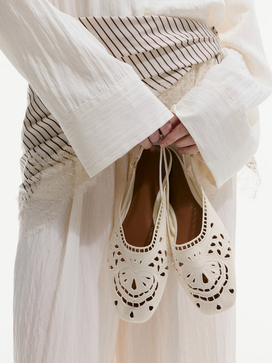 Cream Canvas Square-Toe Cutout Detail Slingback Flats