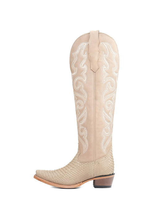 Bone Snakeskin Print And Vegan Leather Snip-Toe Embroidery Half-Zip Knee High Cowgirl Boots