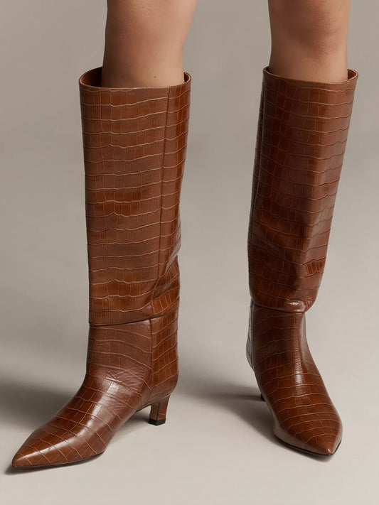 Wide Calf Pointed-Toe Simple Knee High Tall Stiletto Boots - Brown Croc-Print