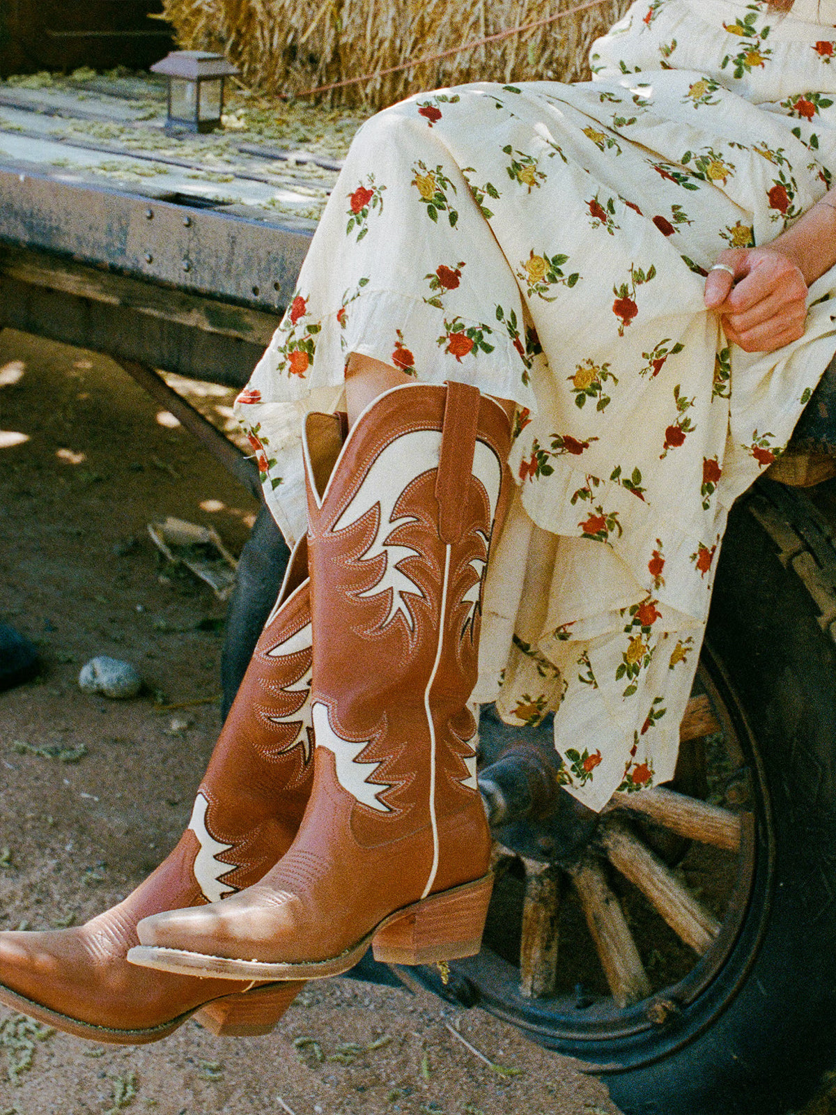 Brown Snip-Toe Bone Inlay Wide Calf Knee High Cowgirl Boots