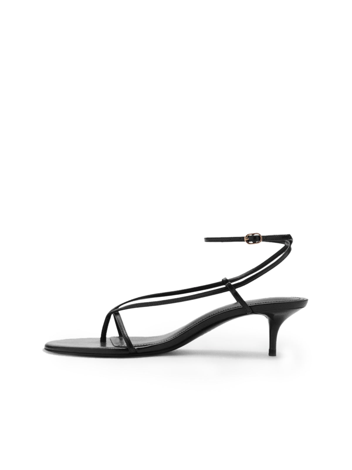 Black Round-Toe Thin Strap And Ankle Strap Kitten Heels