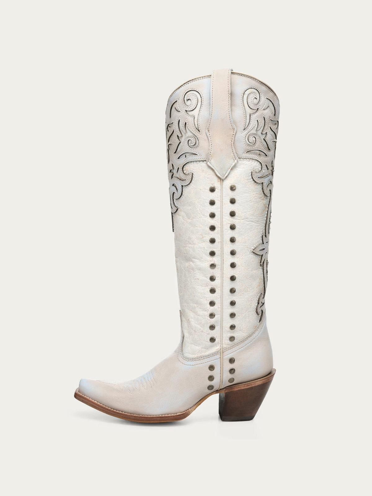 Blue And Distressed Bone Snip-Toe Applique And Side Studs Wide Calf Knee High Cowgirl Boots