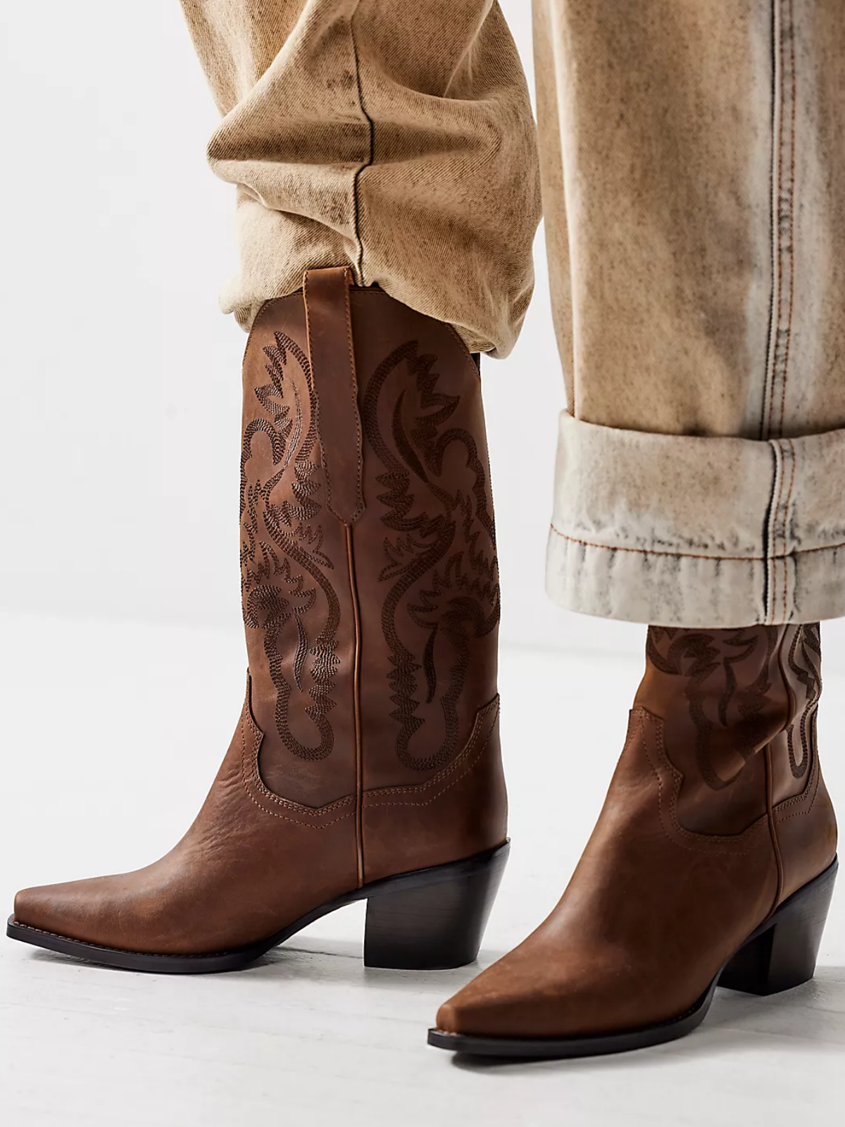 Brown Snip-Toe Western Embroidery Wide Mid Calf Tall Cowgirl Boots