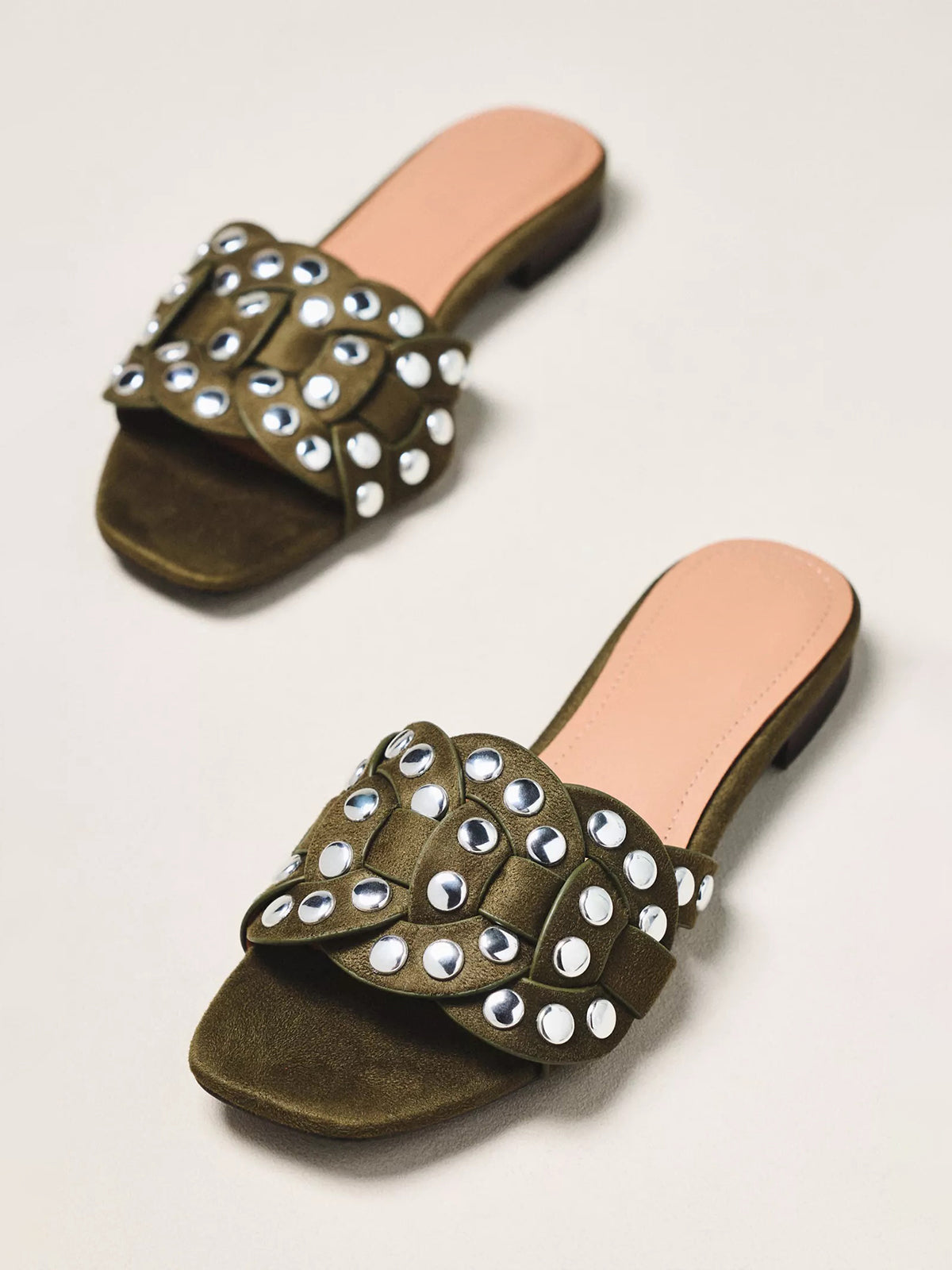Khaki Faux Suede Square-Toe Studded Slip-On Sandals Flats