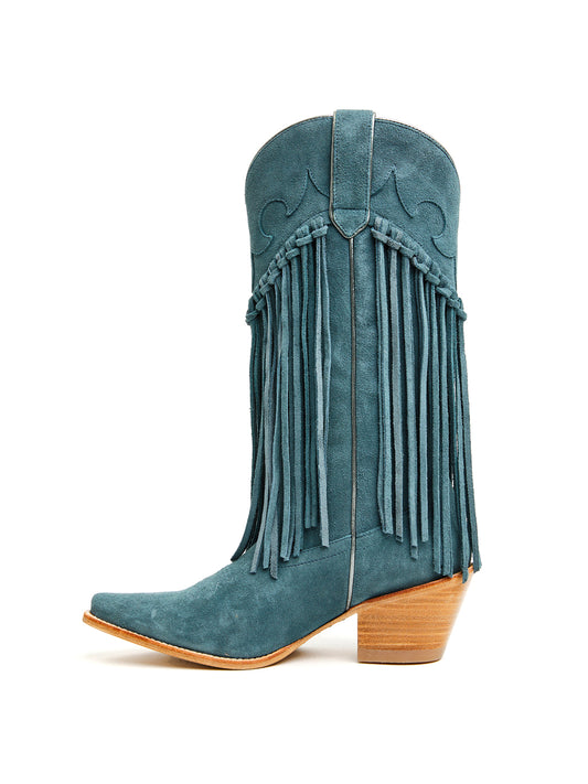 Blue Faux Suede Snip-Toe Fringe Wide Mid Calf Cowgirl Boots