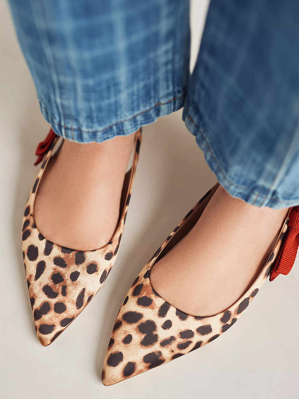 Leopard Satin Pointed-Toe Side-Bow Slingback Flats