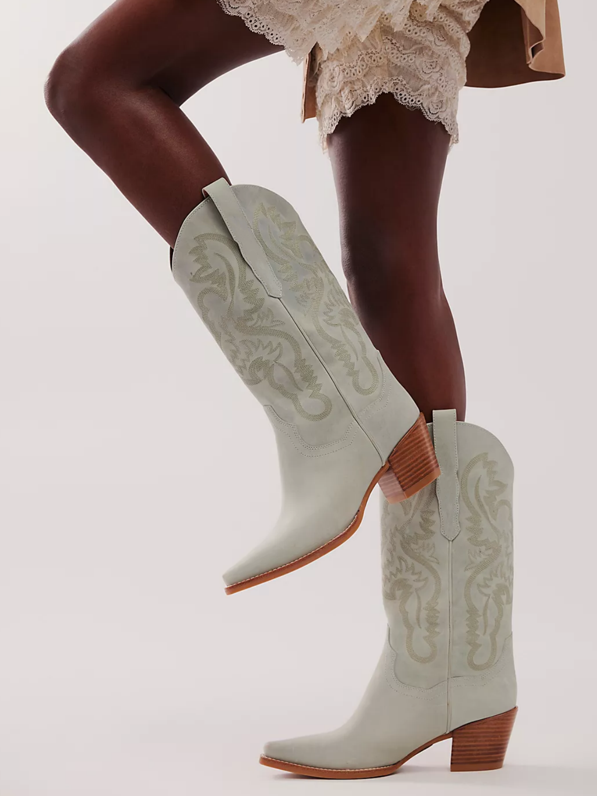 Mint Green Snip-Toe Western Embroidery Wide Mid Calf Tall Cowgirl Boots