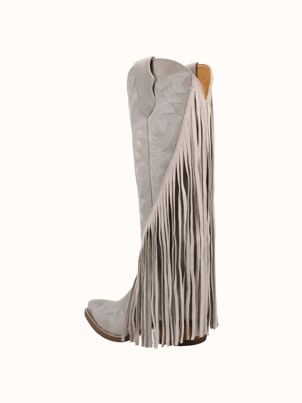 Bone Snip-Toe Faux Suede Side Fringe Embroidery Wide Calf Knee High Cowgirl Boots