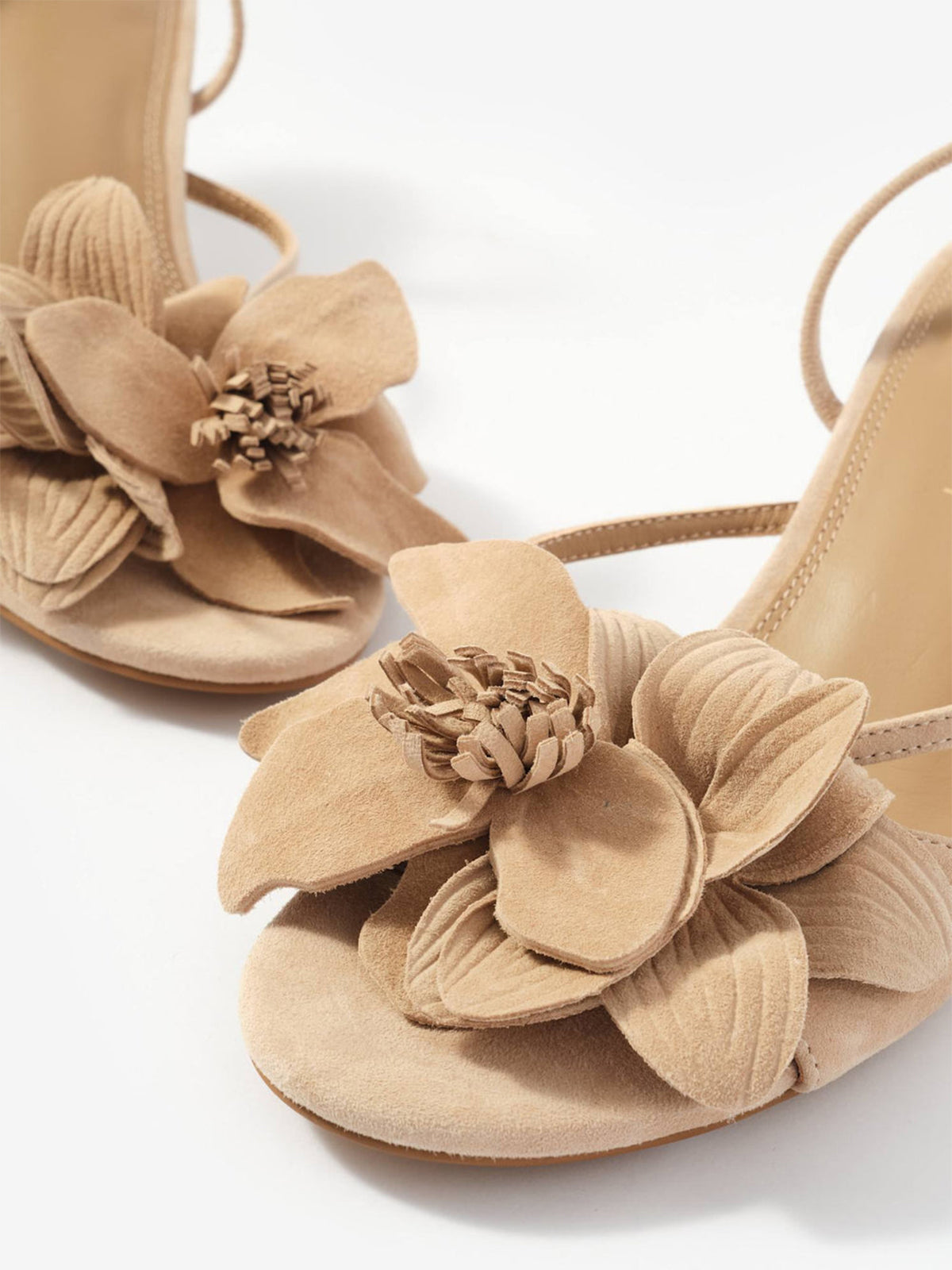 Nude Cow Suede Round-Toe Front 3D Flower Detail Back Strap Kitten Heels