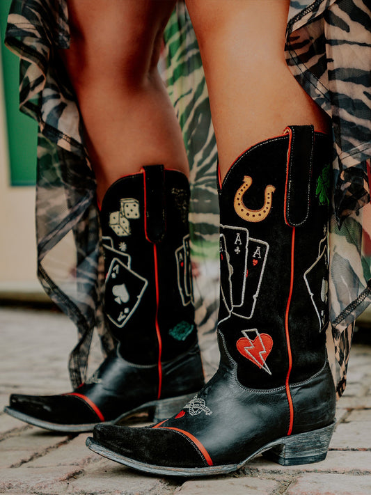 Black Snip-Toe Card Game Embroidery Horseshoe Applique Mid Calf Cowgirl Boots