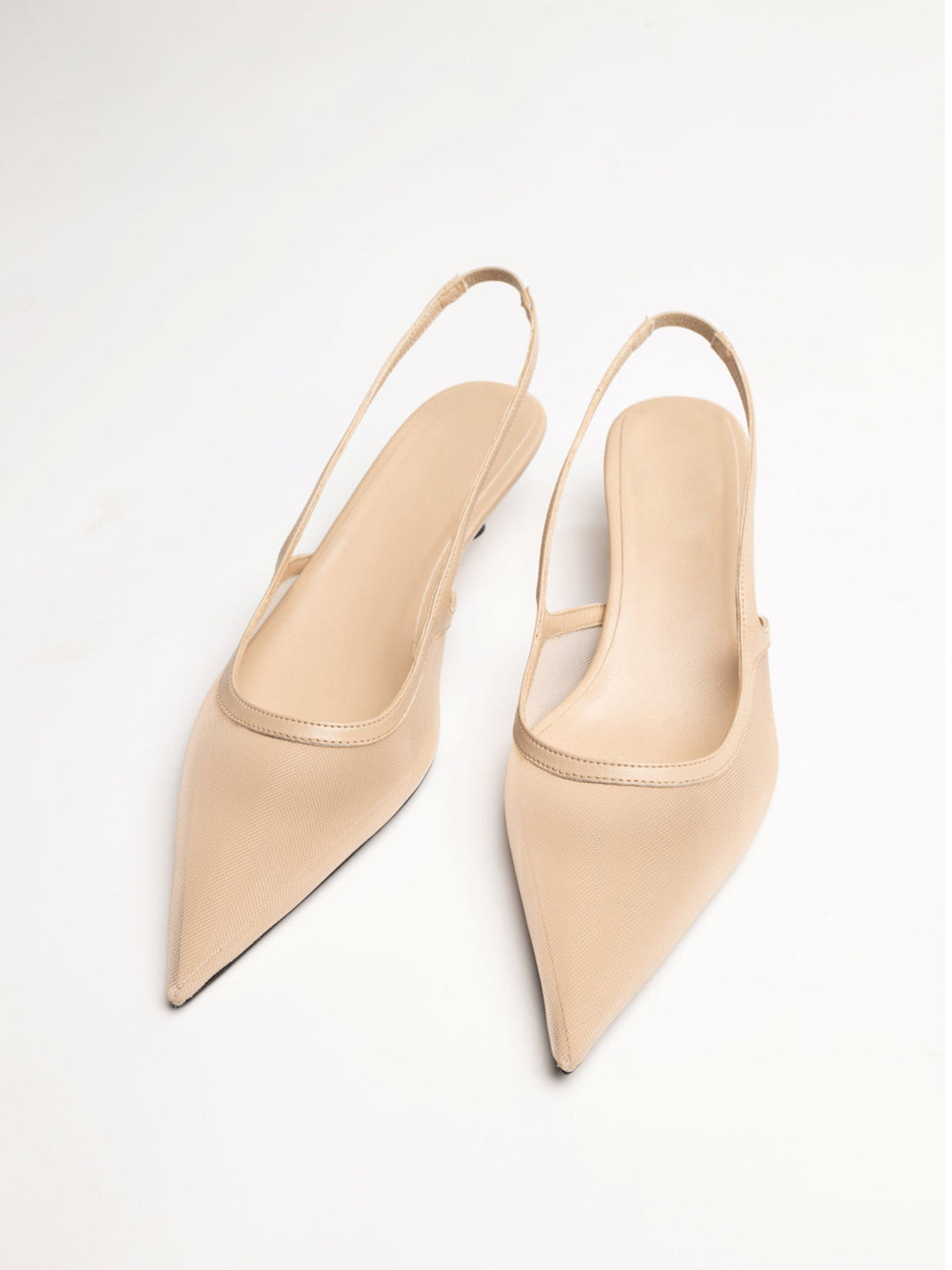 Beige Mesh Pointed-Toe Chic Back Strap Pumps Kitten Heels