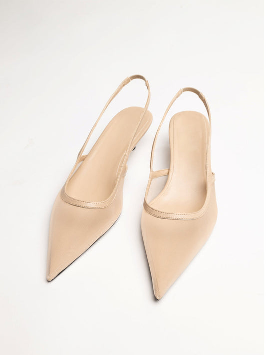 Beige Mesh Pointed-Toe Chic Back Strap Pumps Kitten Heels
