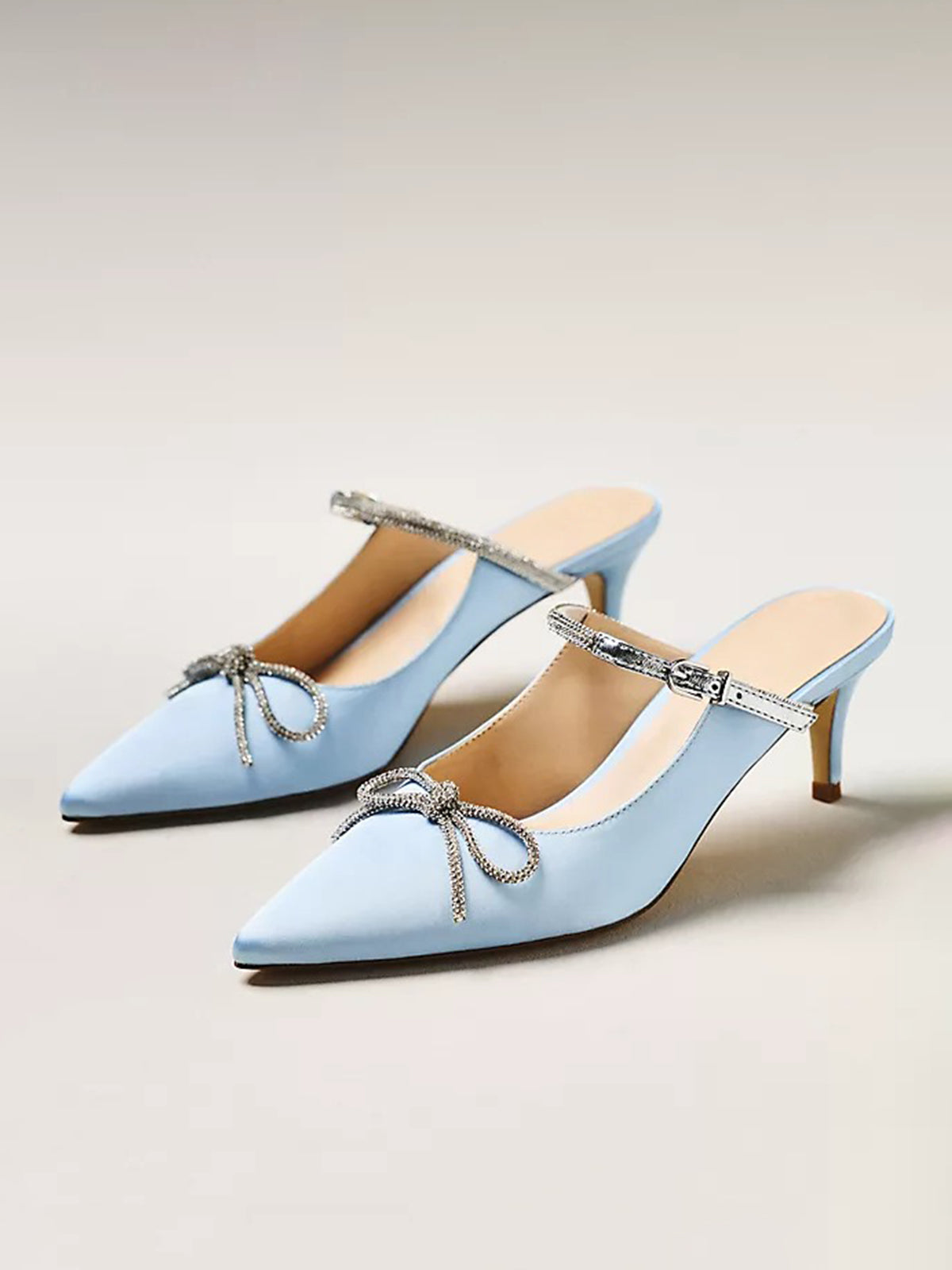 Blue Satin Pointed-Toe Bridge Strap Kitten Heels With Bow