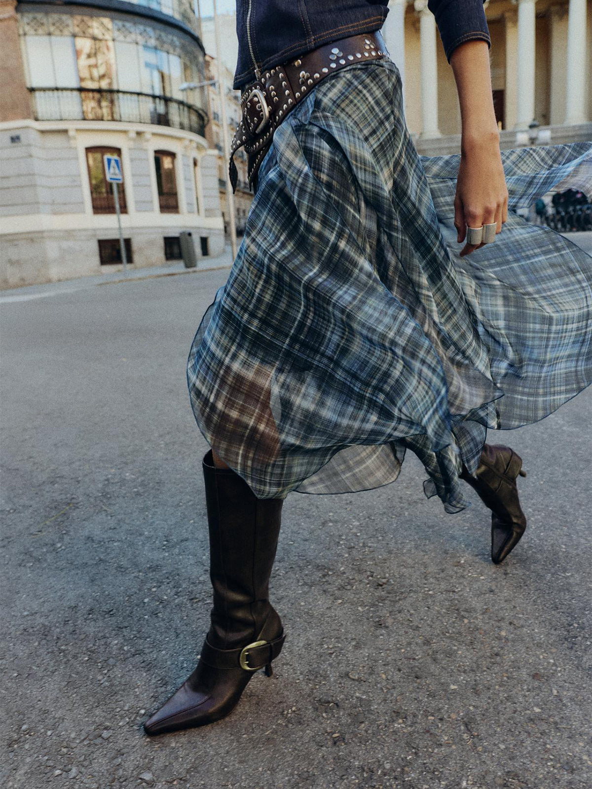 Brown Pointed-Toe Wide Buckle Strap Full-Zip Knee High Stiletto Boots