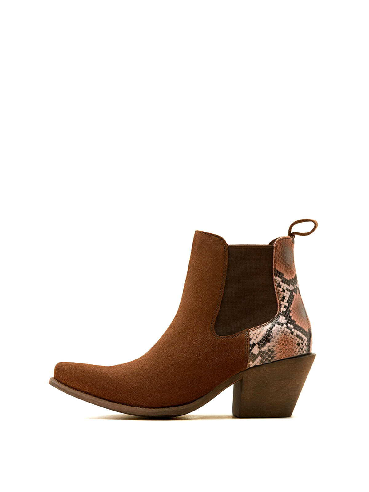 Brown Faux Suede Snake Print Snip-Toe Simple Cowgirl Short Ankle Boots