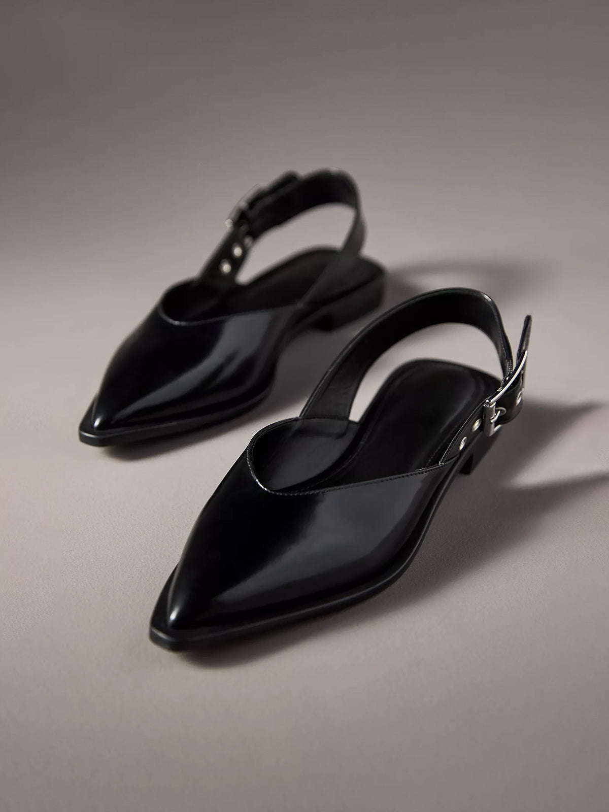 Black Pointed-Toe Buckle Slingback Flats