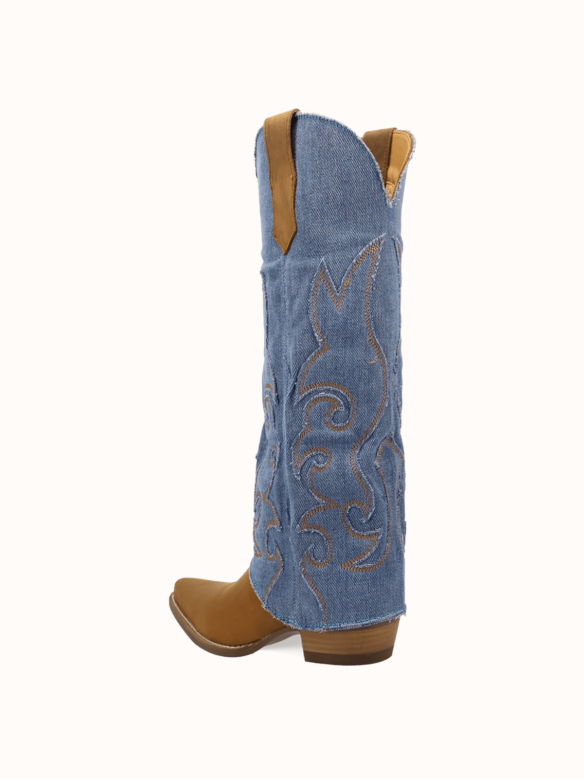 Blue Denim And Brown Snip-Toe Embroidery Fold-Over Wide Calf Knee High Cowgirl Boots