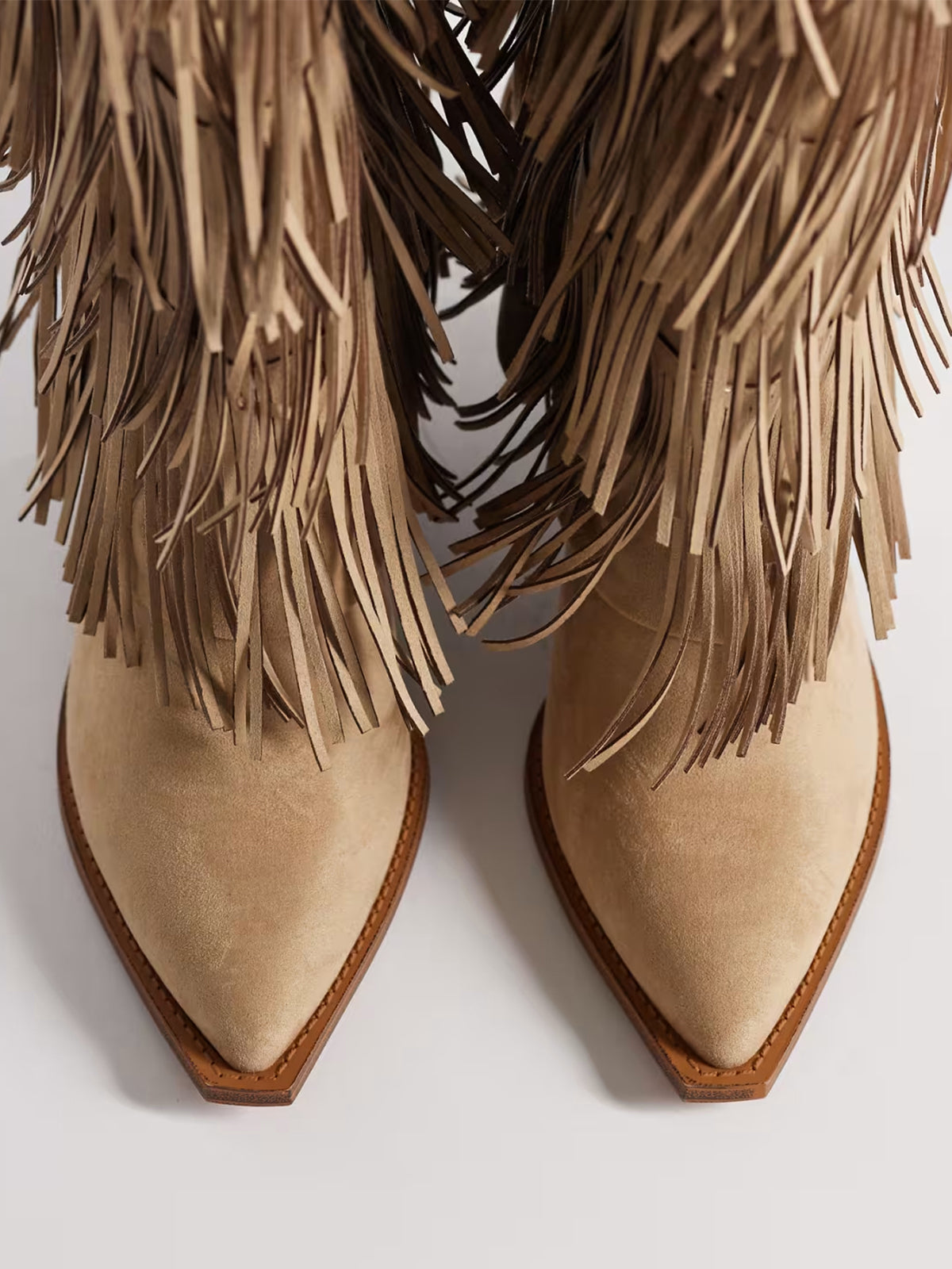 Sand Pointed-Toe Fringe And Studs Full-Zip Knee High Tall Cowgirl Boots