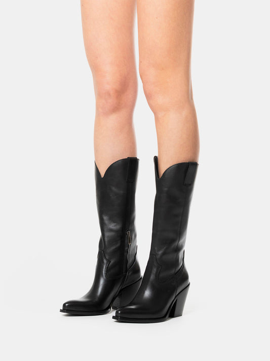 Black Snip-Toe Simple Half-Zip Mid Calf Classic Cowgirl Boots