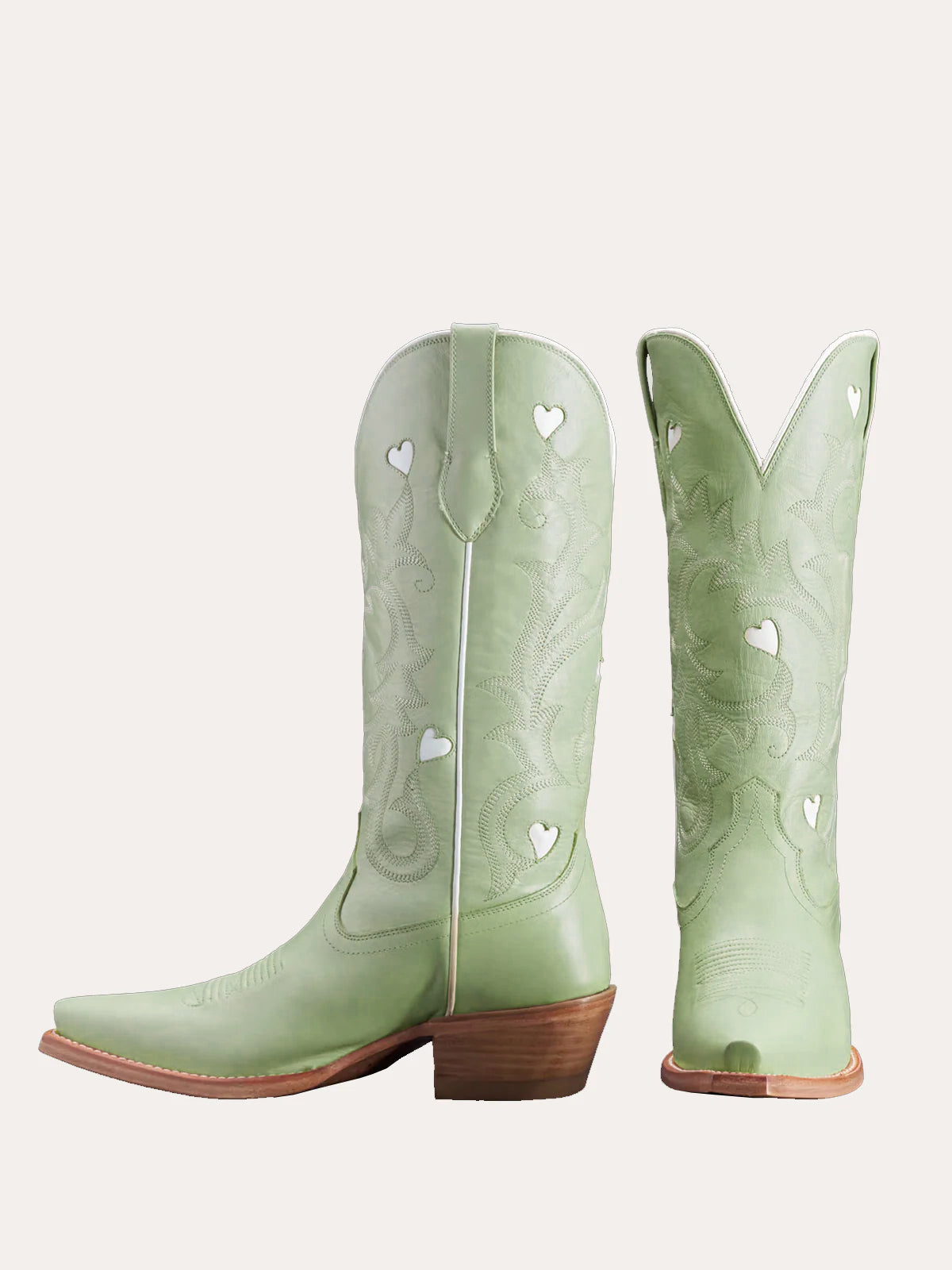 Mint Green Snip-Toe Embroidery White Heart Inlay Mid Calf Cowgirl Boots