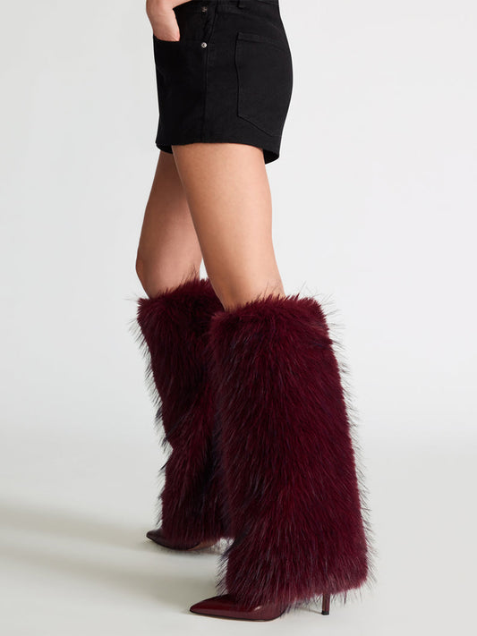 Burgundy Pointed-Toe Plush Shaft Chic Wide Calf Knee High Stiletto Boots