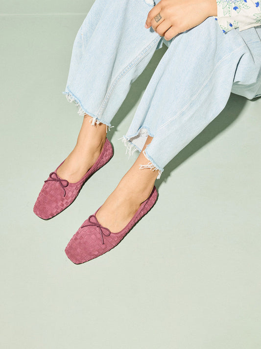 Wine Red Faux Suede Woven Square-Toe Front Bow Ballet Flats
