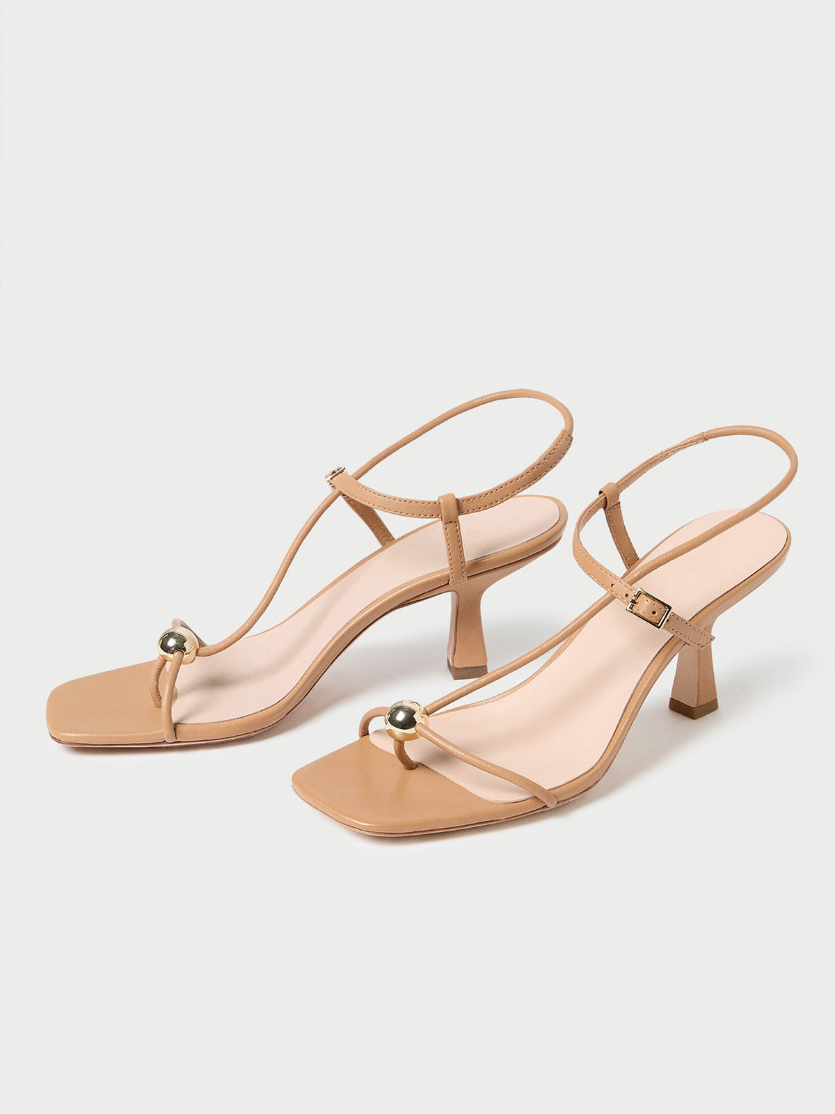 Sand Square-Toe Buckle Strappy Kitten Heels With One Silver Ball