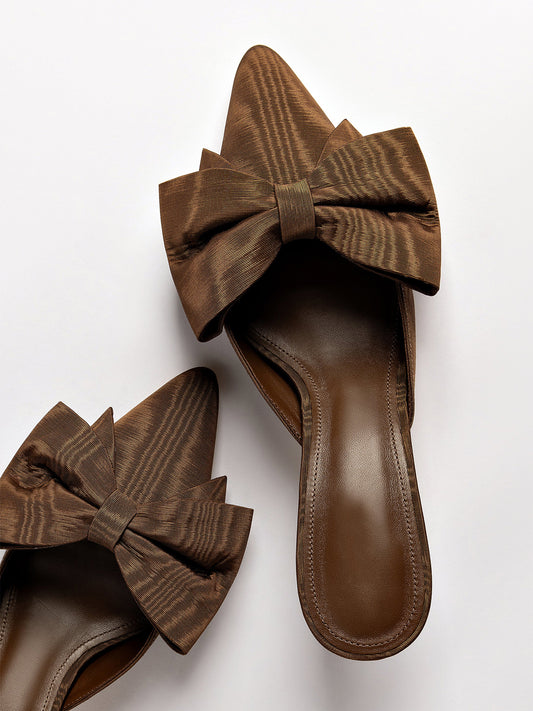 Cinnamon Satin Pointed-Toe Big Front Bow High Heels