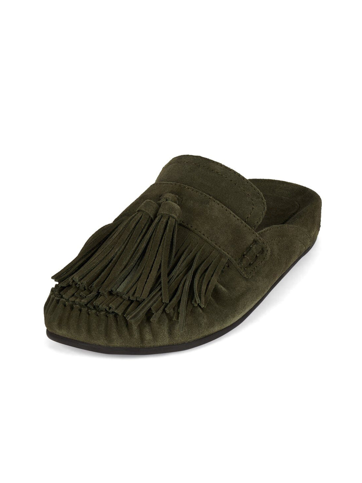 Brown Faux Suede Round-Toe Front Fringe Backless Slip-On Flats