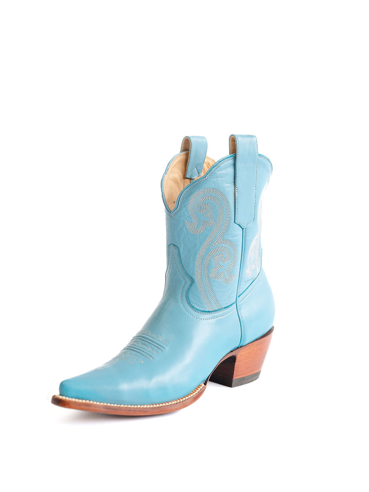 Blue Almond-Toe Embroidery Ankle Booties