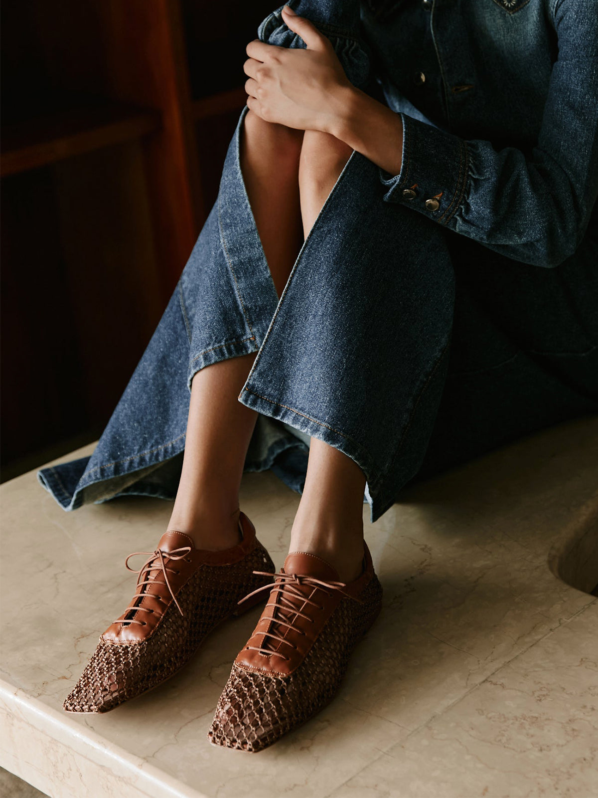 Camel Mesh And Vegan Leather Square-Toe Lace-Up Chic Flats