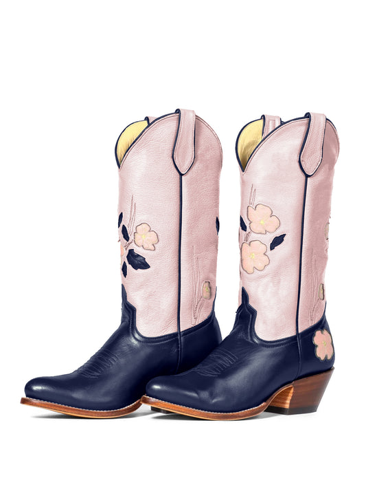 Contrast Pink And Dark Blue Almond-Toe Fresh Flower Inlay Mid Calf Cowgirl Boots