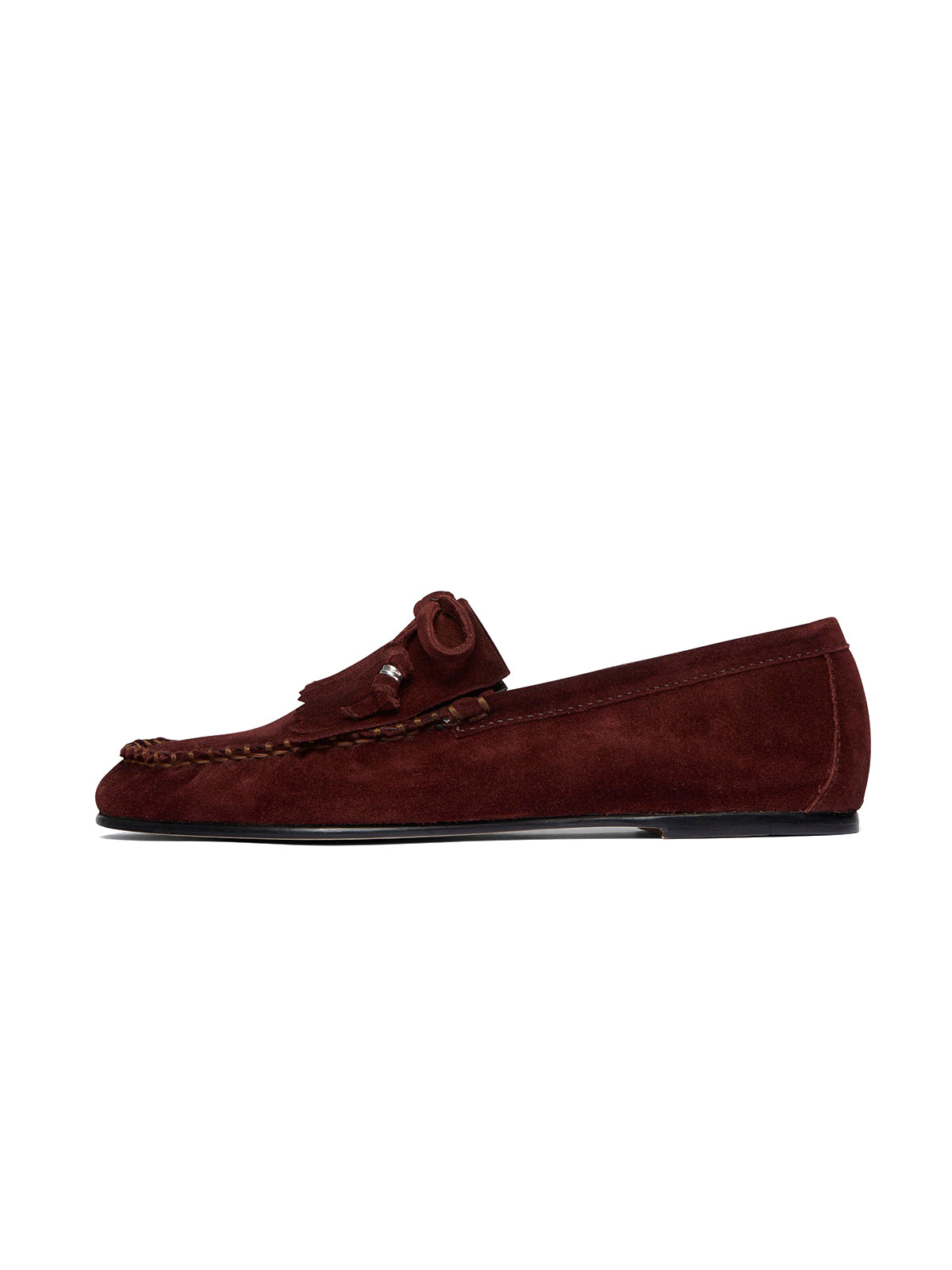 Burgundy Cow Suede Round-Toe Front Fringe And Bow Loafers Flats