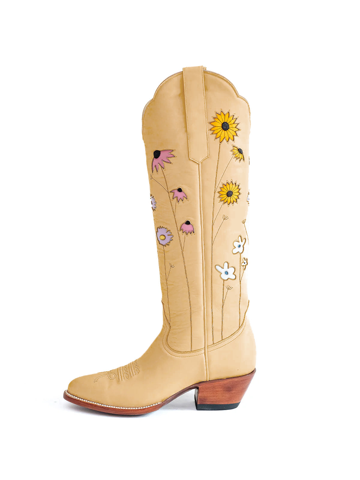 Honey Almond-Toe Colorful Flowers Inlay Wide Calf Knee High Cowgirl Boots