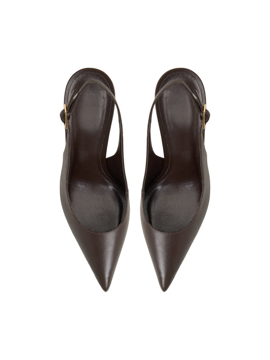 Dark Brown Pointed-Toe Classic Buckle Slingback High Heels