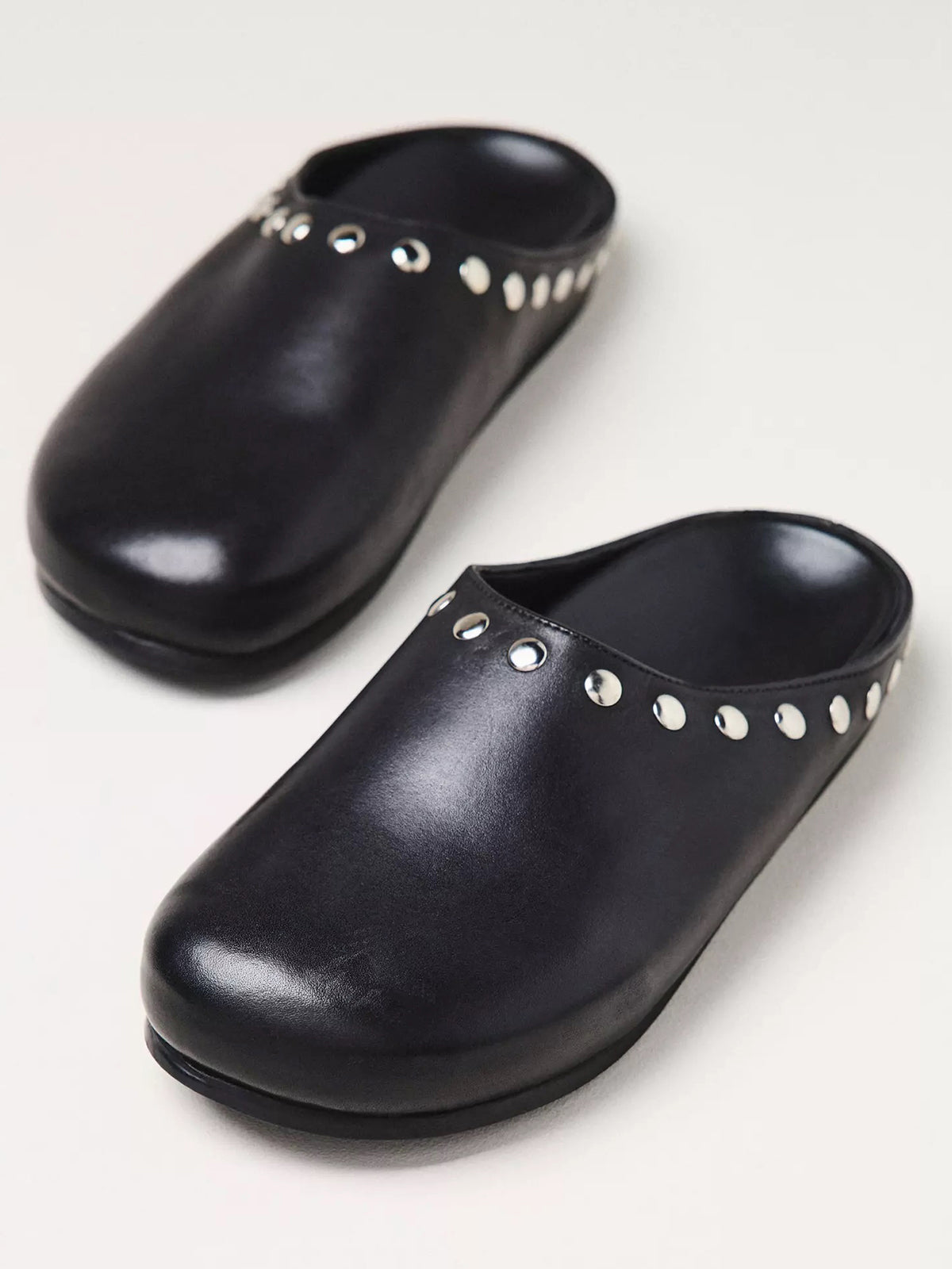 Black Square-Toe Studded Backless Slip-On Flats