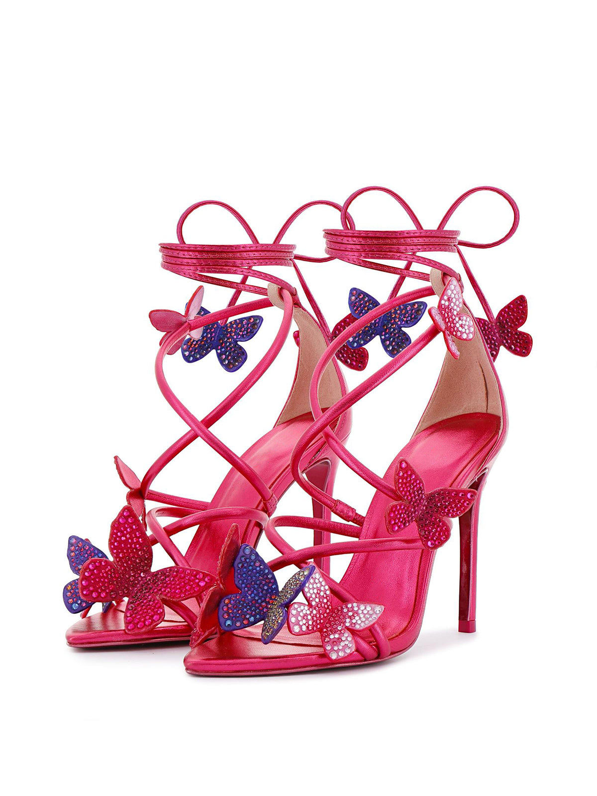 Metallic Pink Pointed-Toe Strappy With Crystal-Studded Butterflies High Heels