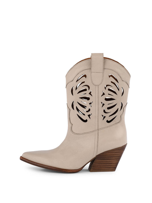 Off White Faux Suede Pointed-Toe Chic Cutout Ankle Cowgirl Boots